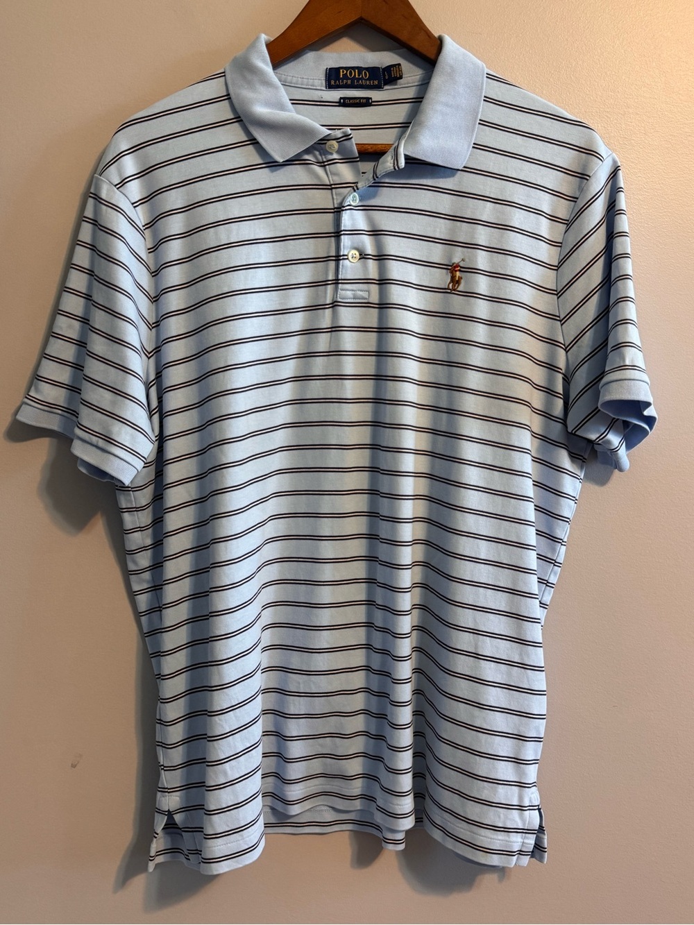 Polo Ralph Lauren Menโs Large Classic Fit Blue Striped Cotton Polo Shirt